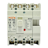 Mora 100A MCCB three-phase disconnect switch with a 4-pole configuration, white color, with technical specifications printed on the label.